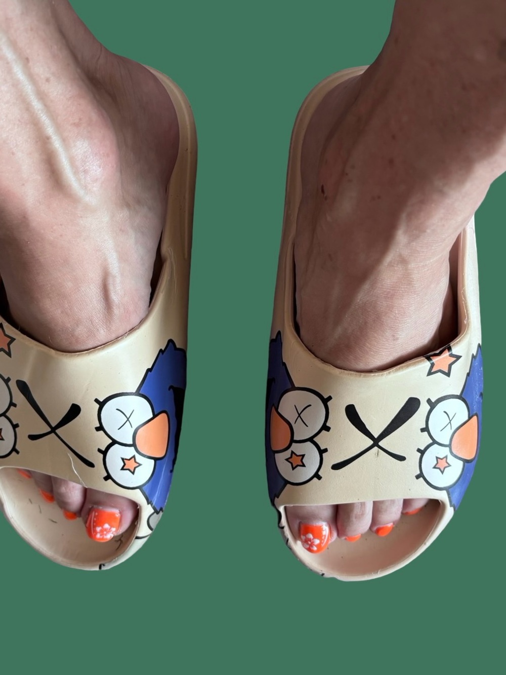 Women's Beige Graphic Slide Sandals with Blue Accents